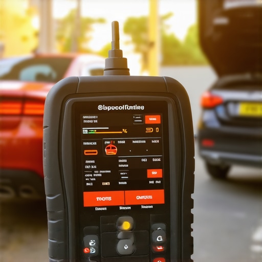 Close-up of a technician's hand operating a high-tech diagnostic scanner connected to a vehicle in a garage.