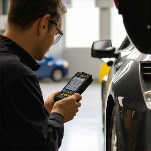 Technician connecting a diagnostic scanner to a vehicle's OBD-II port for brake calibration.