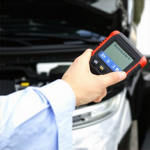 A technician performing calibration on a car diagnostic tool in a garage