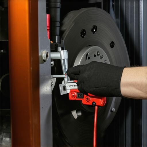 Mechanic measuring brake caliper with laser gauge on vehicle