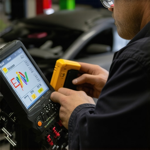 Technician testing vehicle sensors with diagnostic tools in an auto repair environment