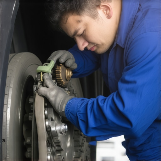 Close-up of a mechanic examining brake caliper and rotor assembly on an electric vehicle