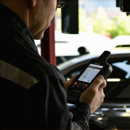 Mechanic calibrating vehicle sensors with a high-end diagnostic tool in a workshop