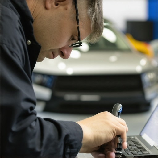 Technician calibrating diagnostic equipment for accurate vehicle readings