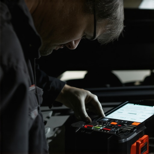 Mechanic working with advanced diagnostic scanner in garage