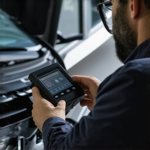 Technician calibrating vehicle sensors using a diagnostic scanner