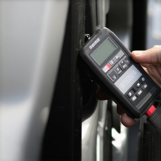 Person calibrating a vehicle's tire pressure sensor using a diagnostic scanner at a workshop