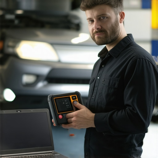 Mechanic using scanner and laptop for vehicle diagnostics