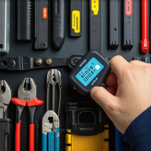 Automotive diagnostic and repair tools in use Close-up of car repair tools and diagnostic scanner on workshop bench