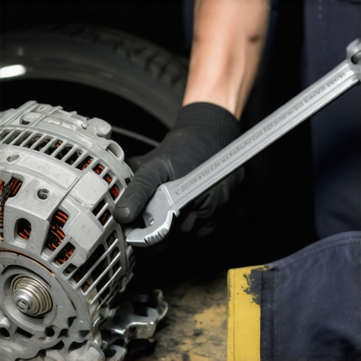 Mechanic repairing a car's alternator with a wrench