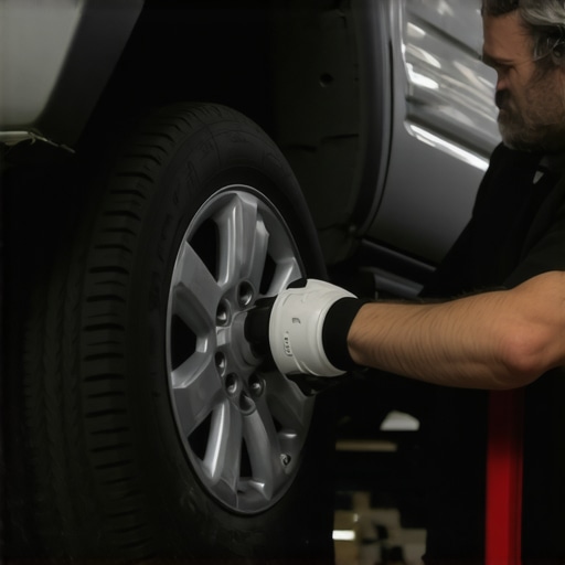 Car Wheel Alignment Service Mechanic adjusting wheel alignment in a professional garage.