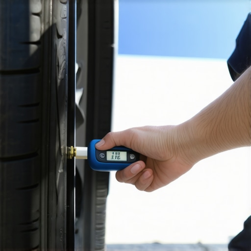 Checking Tire Pressure for Better Tire Longevity Person using a digital tire pressure gauge on a car tire.