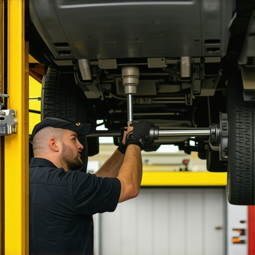 Mechanic installing a new CV axle under a lifted car in a workshop.