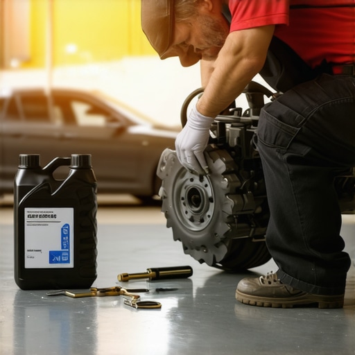 Mechanic in a garage draining synthetic oil from a turbo engine with tools and new oil container nearby.