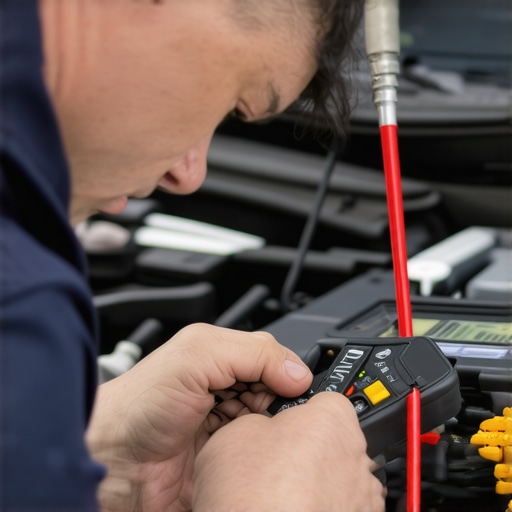 Mechanic testing wiring with multimeter in a garage