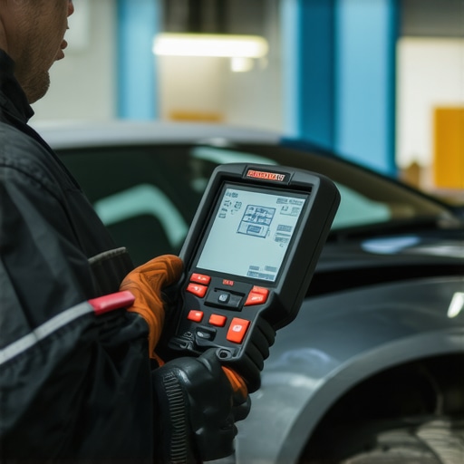 Technician measuring oil pressure with diagnostic scanner in a car engine