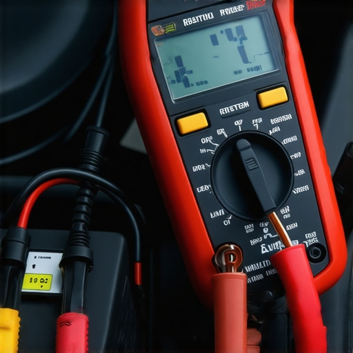 A technician's hand testing a car battery with a digital multimeter under the hood.