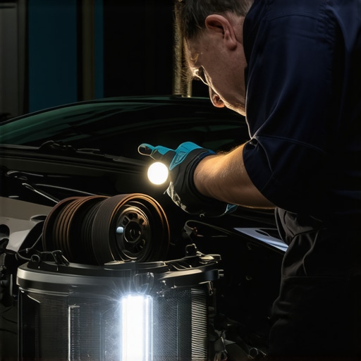 Mechanic examining engine belts and pulleys for wear and tear.