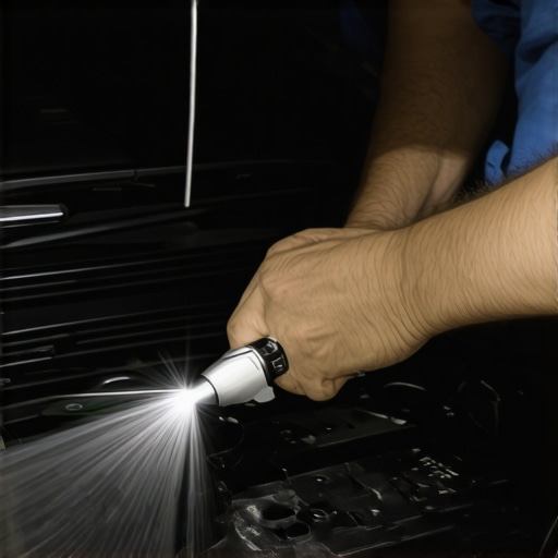 Close-up of an engine seal being inspected with a flashlight