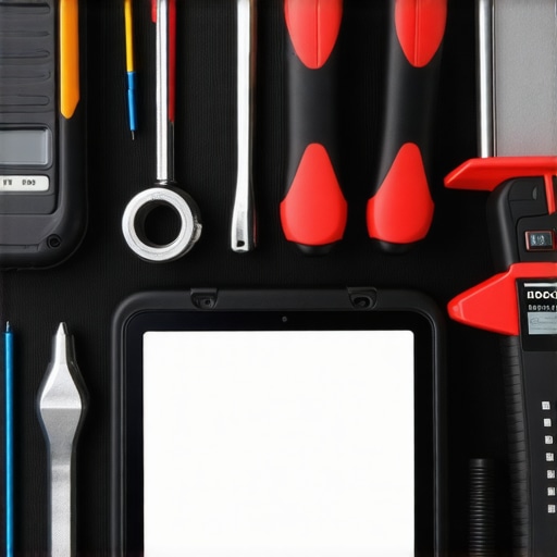 A mechanic's toolkit featuring diagnostic tools, torque wrenches, and a tablet displaying vehicle diagnostics.