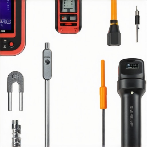 Car repair diagnostic tools arranged on a workbench for auto maintenance