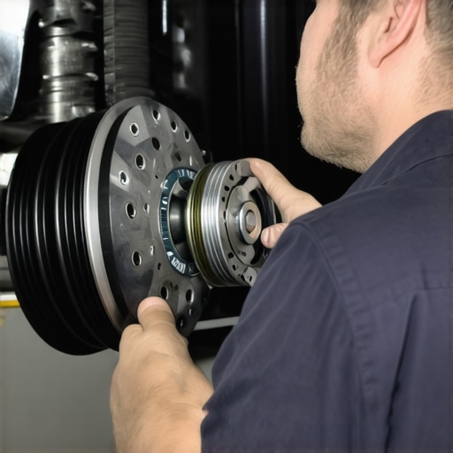 Mechanic checking drive belts and pulleys under the hood