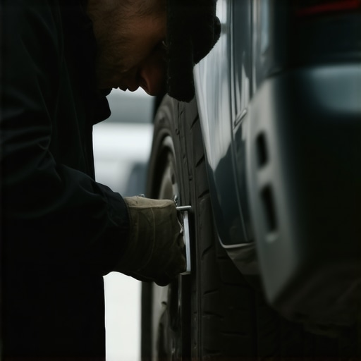 Mechanic examining brake system parts with a cold environment and tools around.