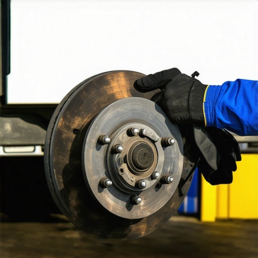 Mechanic checking brake rotor and pads for warping and wear
