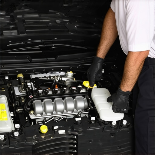 Mechanic checking hoses and coolant reservoir under car hood