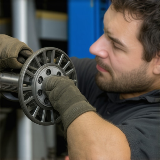 Mechanic checking steering linkage and suspension parts with a wrench.