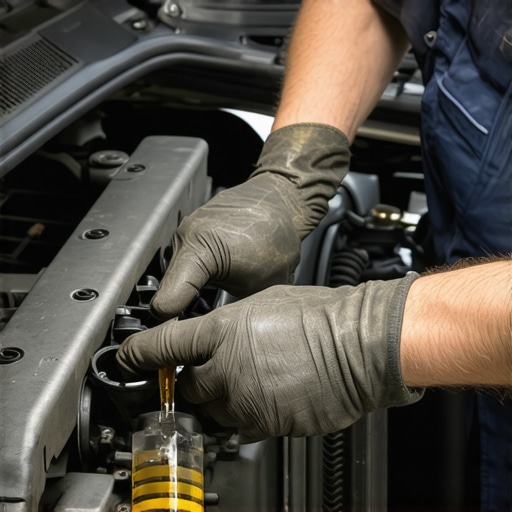Mechanic checking transmission fluid levels in a car engine