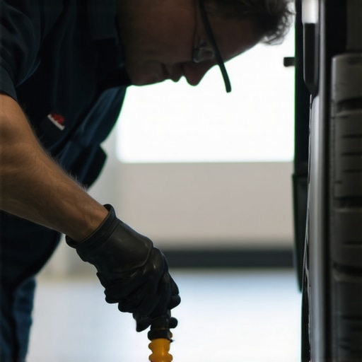 Mechanic checking transmission fluid level with dipstick