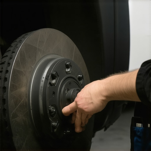 Mechanic examining brake components during vehicle repair