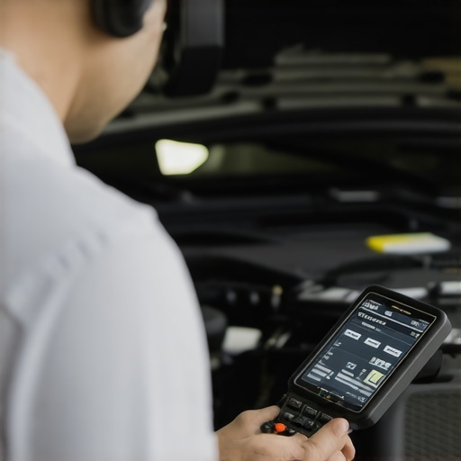 Mechanic troubleshooting a vehicle's electronic systems with a diagnostic scanner in a well-lit garage
