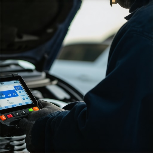 Modern vehicle diagnostic tools at work Mechanic inspecting vehicle diagnostics with advanced scanner