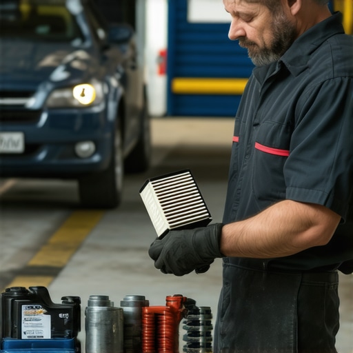 Mechanic replacing an oil filter using a wrench in a workshop