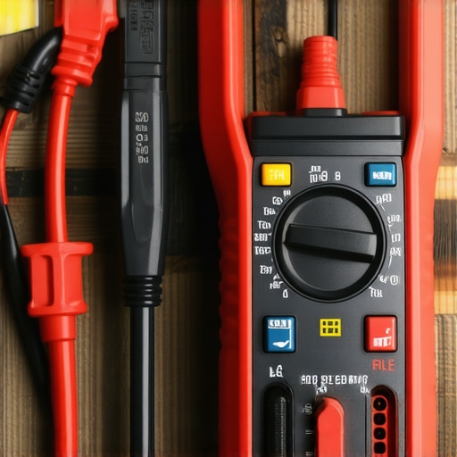 A mechanic's workbench featuring a digital multimeter and diagnostic scanner for vehicle troubleshooting.