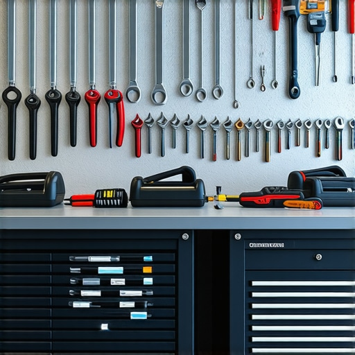 A technician's workstation showcasing diagnostic scanners and hand tools for vehicle repair.