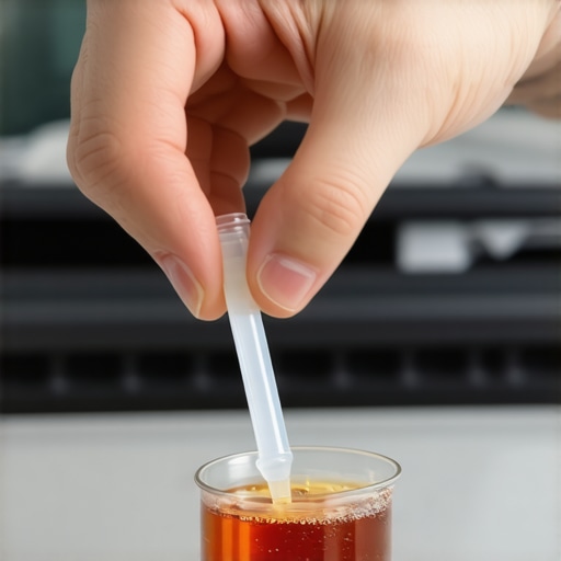 Person testing coolant pH with a strip dipped into radiator fluid
