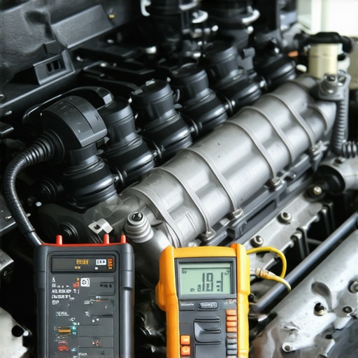 Close-up of technician testing ignition coil resistance with multimeter in car engine