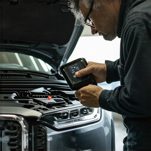 Mechanic inspecting engine with diagnostic tool in garage