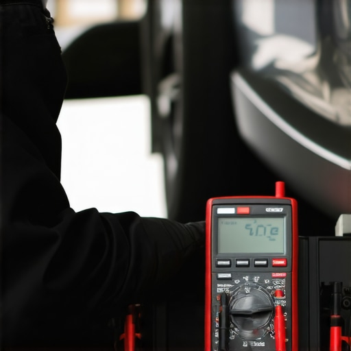 A mechanic testing a car battery's voltage with a digital multimeter in a bright garage.