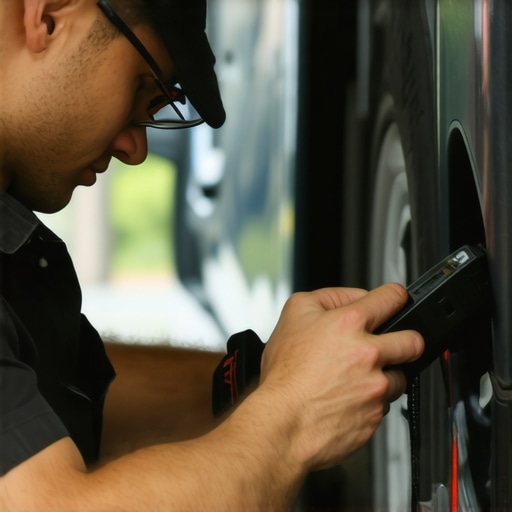 Mechanic diagnostics vehicle engine with advanced OBD-II scanner.
