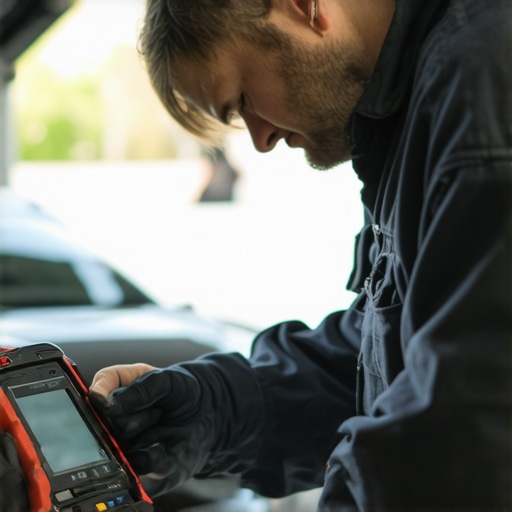 Mechanic performing vehicle diagnostics with a Bluetooth OBD2 scanner in a workshop