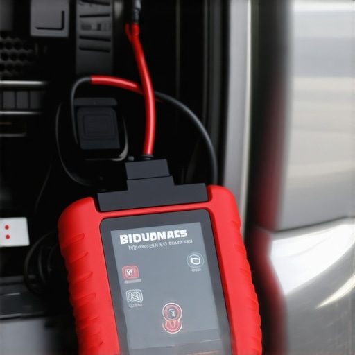 Professional vehicle diagnostic scanner attached to a car's OBD port demonstrating advanced maintenance tools.