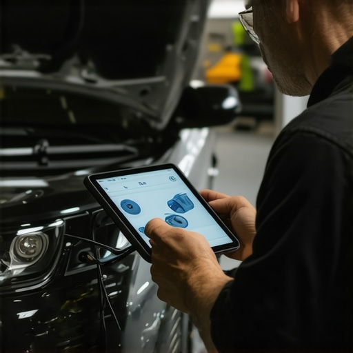 Vehicle Diagnostic Scanner in Use Mechanic diagnosing car engine with advanced OBD-II scanner connected to vehicle dashboard