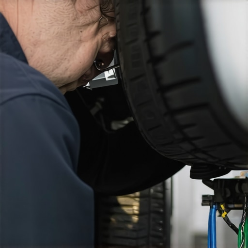 Mechanic inspecting wheel speed sensors and wiring for damage