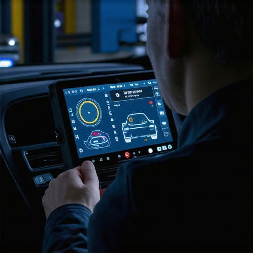 Advanced Vehicle Diagnostics Mechanic analyzing car diagnostics with high-tech scanner