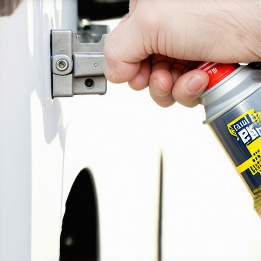 Applying Lubricant to Car Door Hinges Person spraying lubricant on car door hinges to prevent squeaks