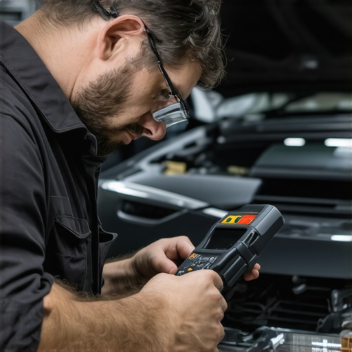 Mechanic operating a sophisticated car diagnostic tool in a garage setting.
